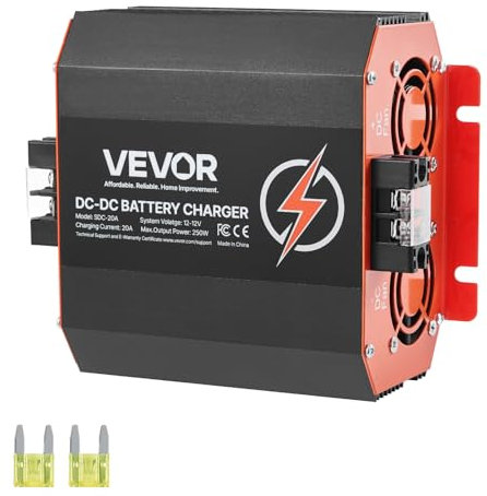 VEVOR 12V 20A DC to DC Battery Charger, 250W, On-Board Battery Charger for Lead-Acid, Lithium, AGM, Gel, and Flooded Batteries, Smart Multi-Stage Charging, for RVs, Commercial Vehicles, Boats, Yachts