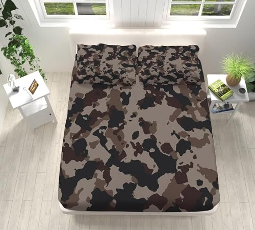 TACOKI 3D Camouflage Spannbettlaken 140x200cm, Camouflage Weiches Mikrofaser Bettlaken für Kinder, Bettlaken Spannbetttuch 140x200 bis 30 cm Matratzenhöhe mit 2 kissenbezüge 1285v