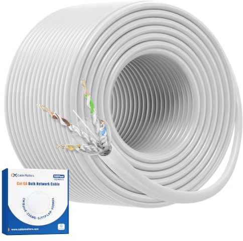 Cable Matters [UL Listed] 10Gbps in-Wall (CM) Rated 23AWG Bare Copper Shielded Cat 6A Cable - 500ft, Solid, S/STP, S/FTP Shielded Cat6a Bulk Ethernet Cable, Cat6a Ethernet Cord, White