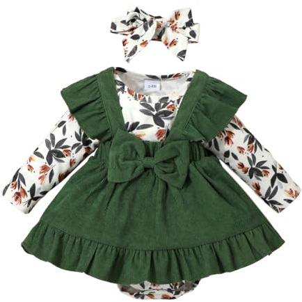 HEOXIN Bambina Neonato Tuta Body Vestiti Completi Abbigliamento Autunno, Manica Lunga Fiore Bodysuit Top con Corduroy Salopette Gonna Fiocco + Fascia 3 Pezzi Set, per Neonati 12-18 Mesi, Verde