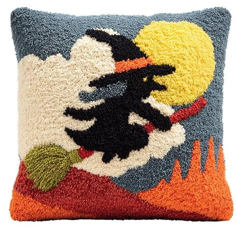 Taxpy Knüpfteppich Zum Selber Knüpf-Sets Mit Kissen Knüpfen, Fliegende Hexe 43X43Cm Kissenbezug Für Erwachsene Und Kinder Latch Hook Kit Heimaccessoire, Wandkunst