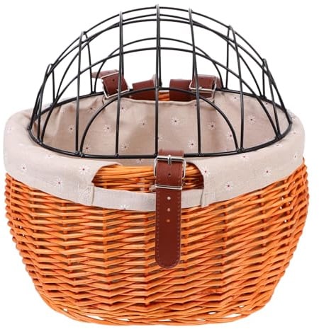 INOOMP Fahrradkorb aus Rattan mit Abnehmbarem Eisen Deckel Stabiler Haustierkorb für Katzen und Hunde Leichter Lenkerkorb mit Verstellbarem Gurt für Einkauf und Transport Zufällige Farbe