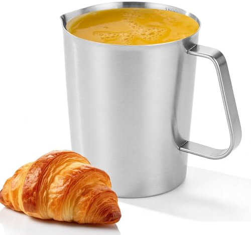 Vaso medidor de acero inoxidable 1500 ml, vaso medidor con escala de báscula, jarra de leche de acero inoxidable para hornear, cocina, antigoteo, resistente