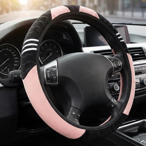 SacJkt Lenkradbezug Winter, Lenkradbezug Plüsch, Anti Rutsch Universal Auto Lenkradhülle Für Herbst- und Wintersaison（schwarz rosa）