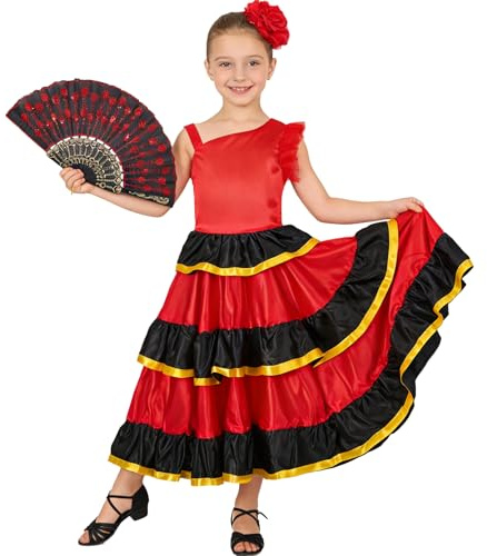 LOLANTA 3-teiliges Flamenco-Kleid für Mädchen mit Rüschen und Stufenrock, spanisches Sevillana-Tanzkostüm, mit roter Blume und Fächer, 5-13 Jahre