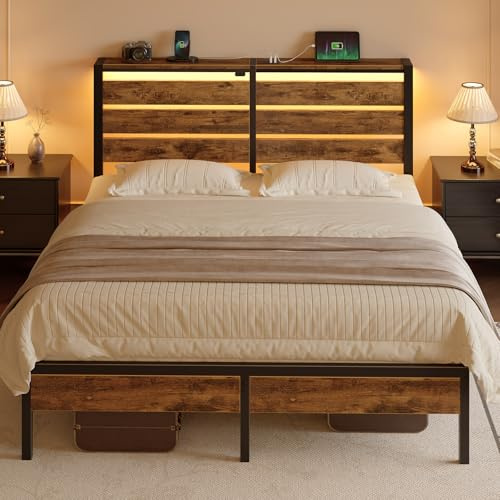 Rolanstar Lit Double 140x190 cm 2 Personnes avec LED, Ports USB & C, tête de lit et Rangement sous lit, Sommier métal, Facile à Assembler – Chêne Vintage