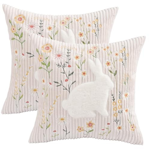 2 Stück Ostern Kissenbezug 45x45 cm Beige Kordsamt Kissenbezüge Bunny Geschenke Osterdeko Hasenkissen Sofakissen Dekokissen für Sofa Schlafzimmer Wohnzimmer Garten Zuhause Dekoration