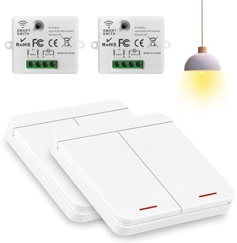 Funkschalter 230V RF433 Funk Lichtschalter Ohne Batterie, Funklichtschalter Set, Wandlicht Funkschalter, Funk Wechselschalter Keine Verkabelung Erforderlich für Smart Home (2 Empfänger + 2 Schalter)
