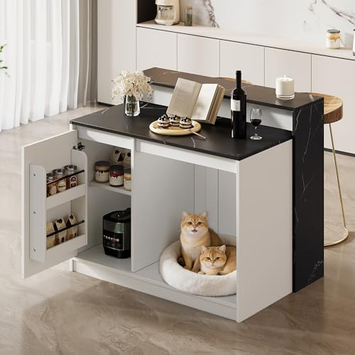 KEBNOR Isla de Cocina Multifuncional con Barra de Bar y Zona de Descanso para Mascotas, Mesa de Cocina y Comedor, Diseño Moderno con Efecto Mármol Blanco y Negro, Tamaño 120x80x100 cm