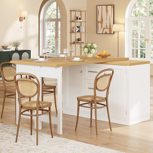 ZKLOEP Isla de cocina multifuncional, mesa de comedor extensible, mostrador convertible, placas ajustables 360°, estante para aperitivos, cierre magnético, cajón grande, diseño moderno, color blanco