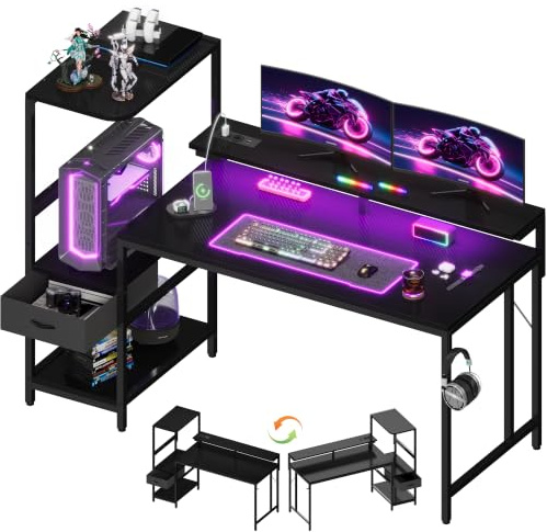 JUMMICO 140×60cm Gaming Tisch mit Steckdose & Lichtleiste, umkehrbarer computertisch mit Monitorständer, schubladen & Ablagefach, Kopfhörerhaken, Gaming Schreibtisch Kohlenstoffschwarz