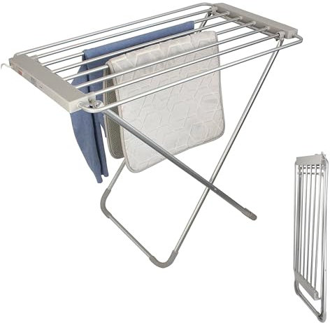 Fishtec Stendibiancheria Elettrica Riscaldante 8 Barre - Asciugamano Elettrico - Porta Asciugamano - 95 X 63 X 74 cm - Alluminio Spazzolato - Asciugatura Rapida - Pieghevole - Abbigliamento