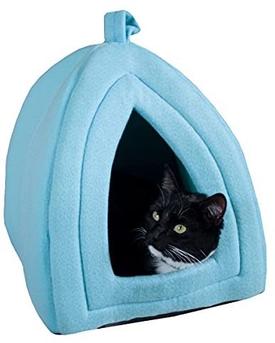 Petmaker Katzenhaus für den Innenbereich mit herausnehmbarem Schaumstoffkissen, plüschige Zelt-Höhle für Katzen und Kleintiere, blau
