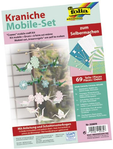 folia 22829 - Mobile Set Kraniche zum Selbermachen, mit 69 Teilen, Anleitung und Schnittmusterbogen - Komplettset zur Erstellung eines Mobiles