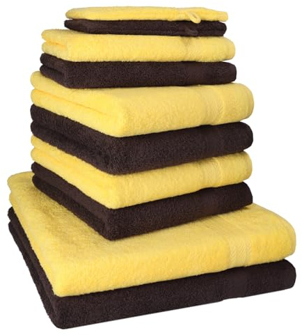 Betz 10-TLG. Handtuch-Set Premium 100% Baumwolle 2 Duschtücher 4 Handtücher 2 Gästetücher 2 Waschhandschuhe Farbe Gelb & Dunkel Braun