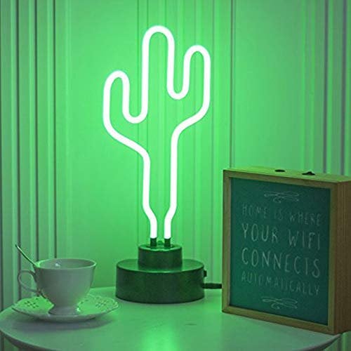 Half & Half Real Glass Sculpture Neon Cactus Light Neon Sign Wall Decoration Night Light Desktop Neon lamp Wedding Party New Year Room Decoration Sign Light (Green)