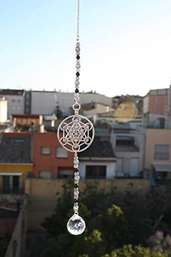 SIMBOLIKS Metatron con esfera de cristal facetada Cubo de Metatron Feng Shui adorno de ventana energía positiva, luz arco iris Geometría Sagrada Angel Metatrón Atrapasoles