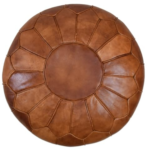 Poufs&Pillows Premium XL Echtleder Pouf - Handgefertigt - gefüllt geliefert - Ottoman Sitzsack Fußhocker Puff (Cognac)