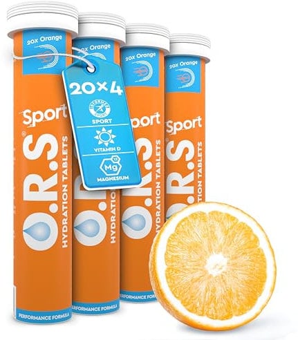 O.R.S Electrolyte Tablets for Sports Hydration | Premium Sports Electrolytes with Vitamin D + Magnesium | Vegan, Gluten-Free & Low-Calorie Hydration Tablets with Vitamins, Orange Flavour, 80 Servings