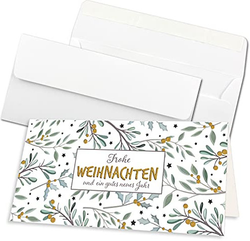 100x Weihnachtskarten-Set DIN Lang in Weiß mit Eukalyptus- und Mistelzweigen - Faltkarten mit passenden Umschlägen DIN Lang Hochweiß mit Haftklebung - Weihnachtsgrüße für Firmen und Privat
