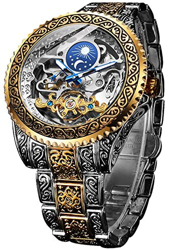 FORSINING Reloj retro para hombre, tallado, mecánico, tatuaje, tourbillon, fase lunar, segundos independientes, esqueleto, automático, esfera grande, dorado, Correa