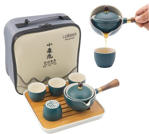 LURRIER Chinesisches Gongfu-Tee-Set aus Porzellan, tragbares Teekannen-Set mit 360 Grad drehbarem Teebereiter und Teesieb, tragbare All-in-One-Geschenktasche für Reisen, Zuhause, Geschenk, Outdoor und