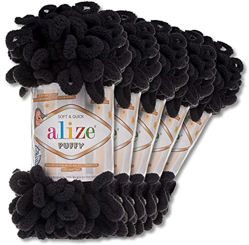 Alize 5 x 100 g Puffy Wolle Chenille Schlaufenwolle Häkeln und Stricken ohne Hilfsmittel Kleidung Accesoire Decken Teppiche (60 | Schwarz)
