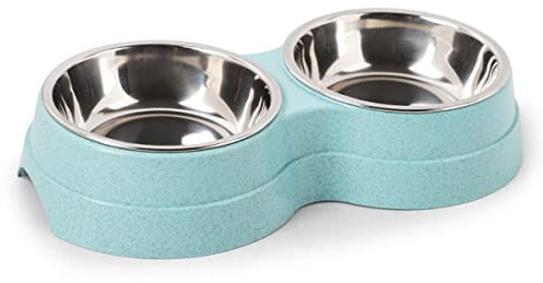 Double Dog Bowls, Non Slip Removable Stainless Steel Double Pet Bowl 2-IN-1 Cats Bowl with Non-spill For Small Cats,Puppies and Pet etc (S,Blue)