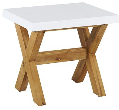 Beliani Outdoor Garden Stool Patio Seat Fibre Concrete Acacia Wood Base White Olbia
