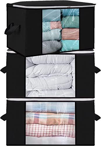 Niftii 3 Pack 90L Large Capacity Storage Organiser with Handles - Foldable Underbed Storage Boxes with Lids, Under Bed Box, Black Wardrobe Organiser