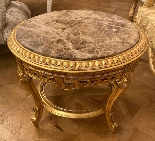 Casa Padrino Barock Couchtisch mit Marmorplatte Gold/Grau - Runder Massivholz Wohnzimmertisch im Barockstil - Barockstil Wohnzimmer Möbel - Barock Möbel - Antik Stil Wohnzimmer Möbel