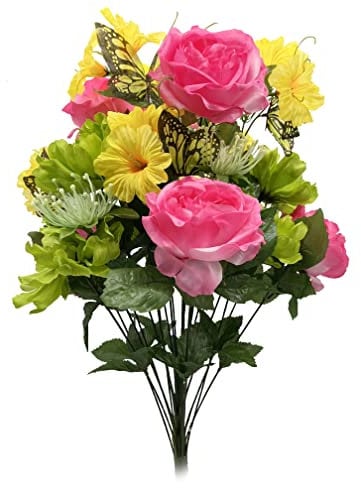 Admired By Nature ABN1B019-YW-MAG-BT Artificial Spring Flower Bush 24 Stem Open Rose/Cosmos Daisy Mix Bush, Yellow Magenta Beauty