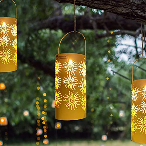 Solarlaterne für Außen mit Sonnenmuster, Hängende Solarlampe, 2 Stück Warmweiß LED Solarleuchten Garten mit IP44 Wasserdicht, Gartenleuchten Laternen (Gelb)