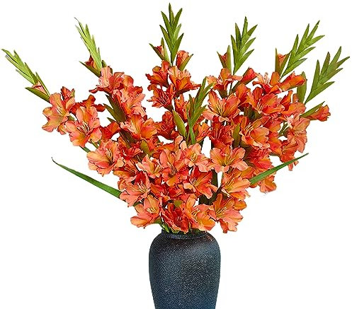 Raxcelivia 6 Stück Gladiolen Blumen Künstliche Orchideen Pflanzen Lange Seide Blumen Stiele Vase Tisch Küche Haus Garten Party Hochzeit Dekoration (Orange)