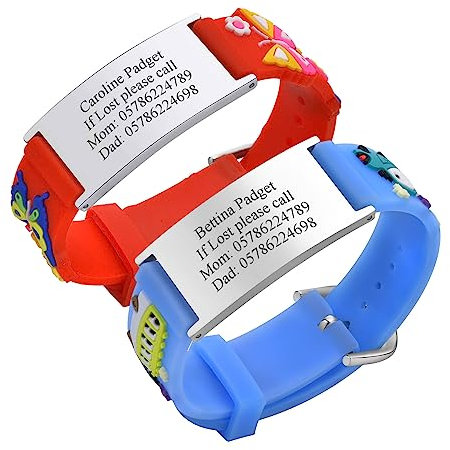 Notfallarmband SOS Armband Kinder Personalisierte - 2 Stück Gravur Edelstahl Tag & Rot Blau Silikonband Armband Anti-Verlust Notfall Armband ID Armbänder mit Telefonnummer für Mädchen Jungen