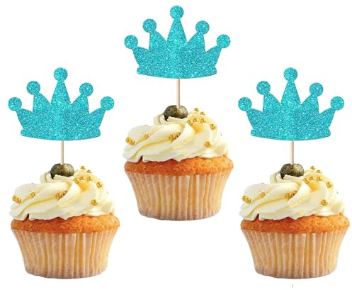 24 Pack Crown Cupcake Toppers Glitter Princess Crown Cake Pick Decorations for Wedding Girl Birthday Baby Shower Party Decorations Blue