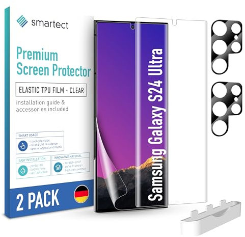 smartect TPU Protecteur d'écran [2 + 2 Pièces] pour Samsung Galaxy S24 Ultra, Écran + Caméra, Couvre tout l'écran, Installation sans Bulles, Protection Anti-Traces de Doigts