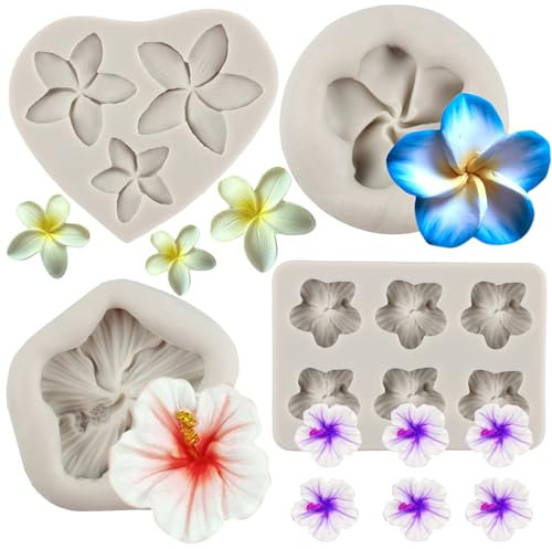 MYPRACS Lot de 4 moules en silicone en forme de fleur d'hibiscus pour décoration de gâteau de fleurs, décoration de cupcakes, bonbons, chocolat, pâte à sucre, argile polymère