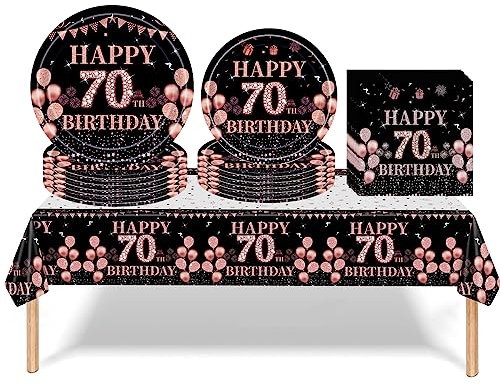 53Pcs Black Rose Gold 70th Happy Birthday Party Tableware Decorations for Her Plastic Table Cloth,7,9inch Paper Plates,Napkins for Women Birthday Table Party Tableware Set for Girls Women Adults