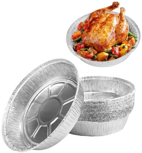 Kunjocy 30 Pcs Round Foil Trays, 7 Inch Tin Dishes Disposable Plate Container Air Fryer Liners Aluminum Round Pans for Party Baking Roasting Cooking