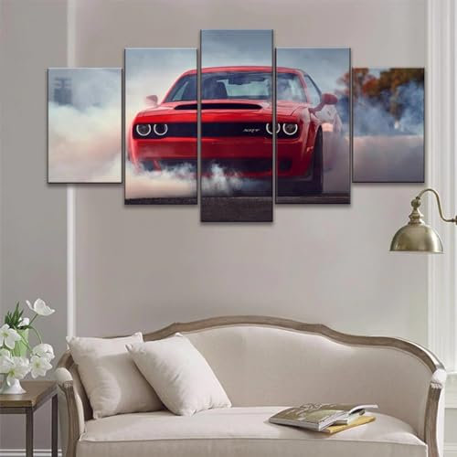 ZYCHKRL Moderne Bilder Wohnzimmer 5 Teiliger Dodg Challenger SRT Luxus-Sportwagen Poster Mit Rahmen Hd Für Heimdekoration Personalisierte Bilder Leinwandbilder Xxl
