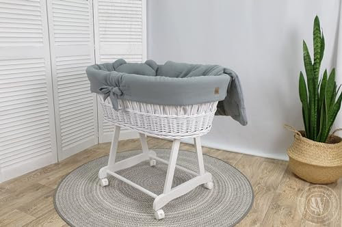 WIKLINOPOL IRENEUSZ ZYGMUNT WICKER WOOD BABY 2000 EU Korb, Stubenwagen, Bollerwagen Moseskorb Weiß mit Gestell, Matratze und Bettwäsche, Bettbezug in der Farbe Khaki