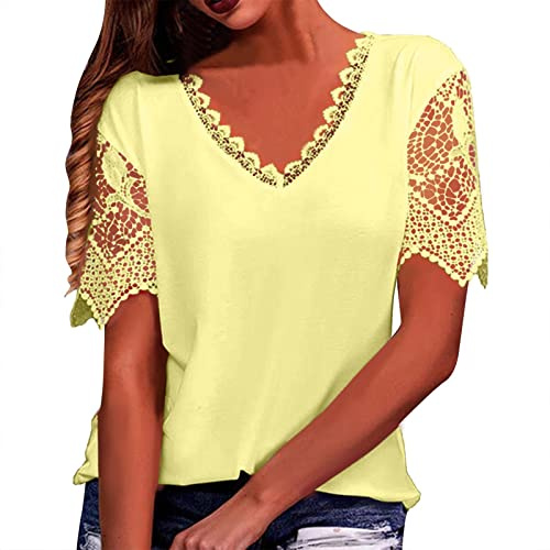 Women V Neck T-Shirt, Women's Loose V Neck T Shirt Shirt with Lace Stitching Pom Lace Solid Casual Dressy Tops Party Blouse Tee Shirts Going Out Work Office
