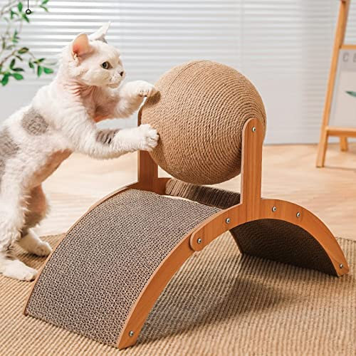 Rascador de gatos, tabla de rascar de sisal natural con pelota, diseño de puente arqueado, rascador suelo, juguete para rascar las necesidades naturales y protección de muebles, 35 x 15 x 26 cm