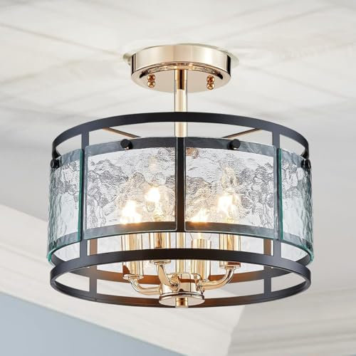 SHRINE Luminaire Lighting, Lustre en cristal, design moderne, parfait pour une installation semi-encastrée dans les pièces à vivre, D30 x H26 cm, Culot E14 avec 4 lampes, Verre dépoli/finition noir