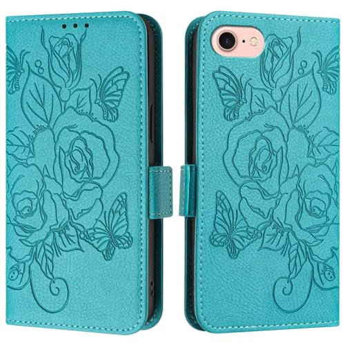Wuhaizher for iPhone SE 2022 Case iPhone 2020 Case iPhone 8/7 Case Roses Butterfly RFID Blocking Leather Wallet Book Flip Cases for Girls Women with Card Holder Shockproof Phone Cover, Blue