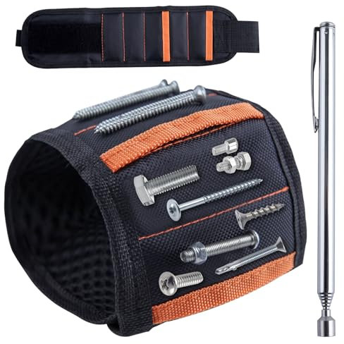 GOLD DEER Magnetic Wristband & Universal Socket Grip with Telescoping Magnetic Grabber Wrist Magnet Tool Belt and Screw Holder 10 Strong Magnets for Holding Screws Nails and Drill Bits