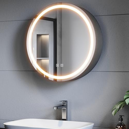 SUNXURY Spiegelschrank Bad mit Beleuchtung, Led Metallspiegelschrank Schwarz mit Touch-Schalter, 3 Lichtfarbe Einstellbare, Beschlagfrei, φ 60cm Rund