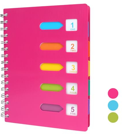 Tikplus A5-Notizbuch mit Trennblättern, Notizbuch mit Registern, Spiralblock mit Trennblättern, 240 Seiten, Projektbuch mit 80 g/m² Papier, Spiralbindung, A5-Notizblock für Schule, Büro und Zuhause,