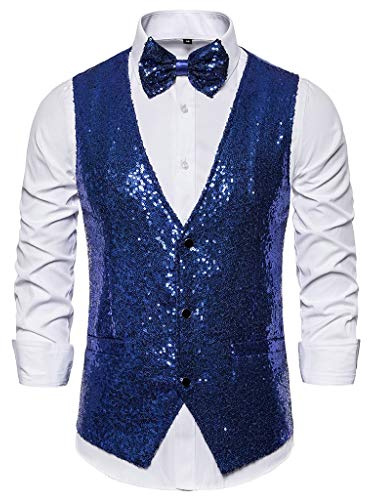 Anzugweste für Herren Glitzer Weste mit Fliege Set Ärmellos Anzugwesten V-Ausschnitt Blazer Pailletten Sakko Glänzende Herrenjacke Anzug Westen Karneval Kostüm für Hochzeit Party Glitzer Outfit